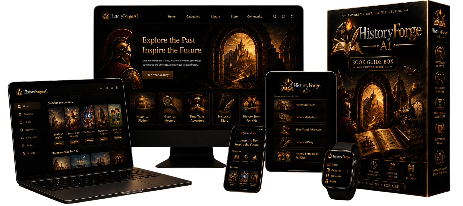 HistoryForge AI on desktop, laptop, tablet, phone, watch and the Book Guide Box