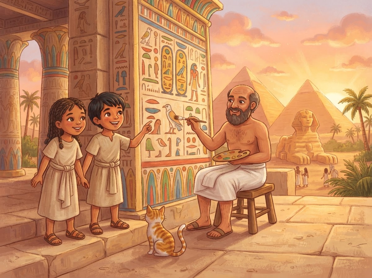 Children in ancient Egypt watching a scribe paint hieroglyphs near the pyramids