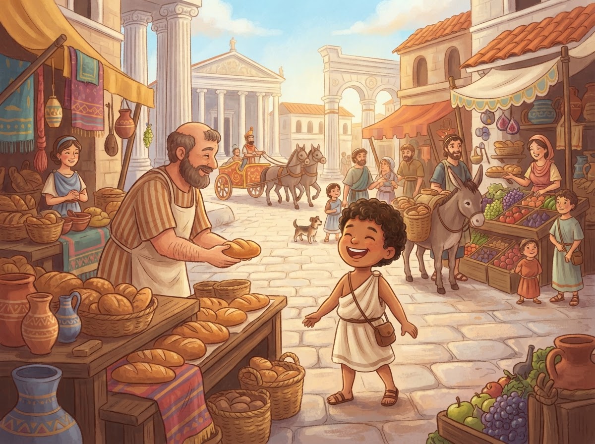 A child exploring a bustling ancient Roman marketplace