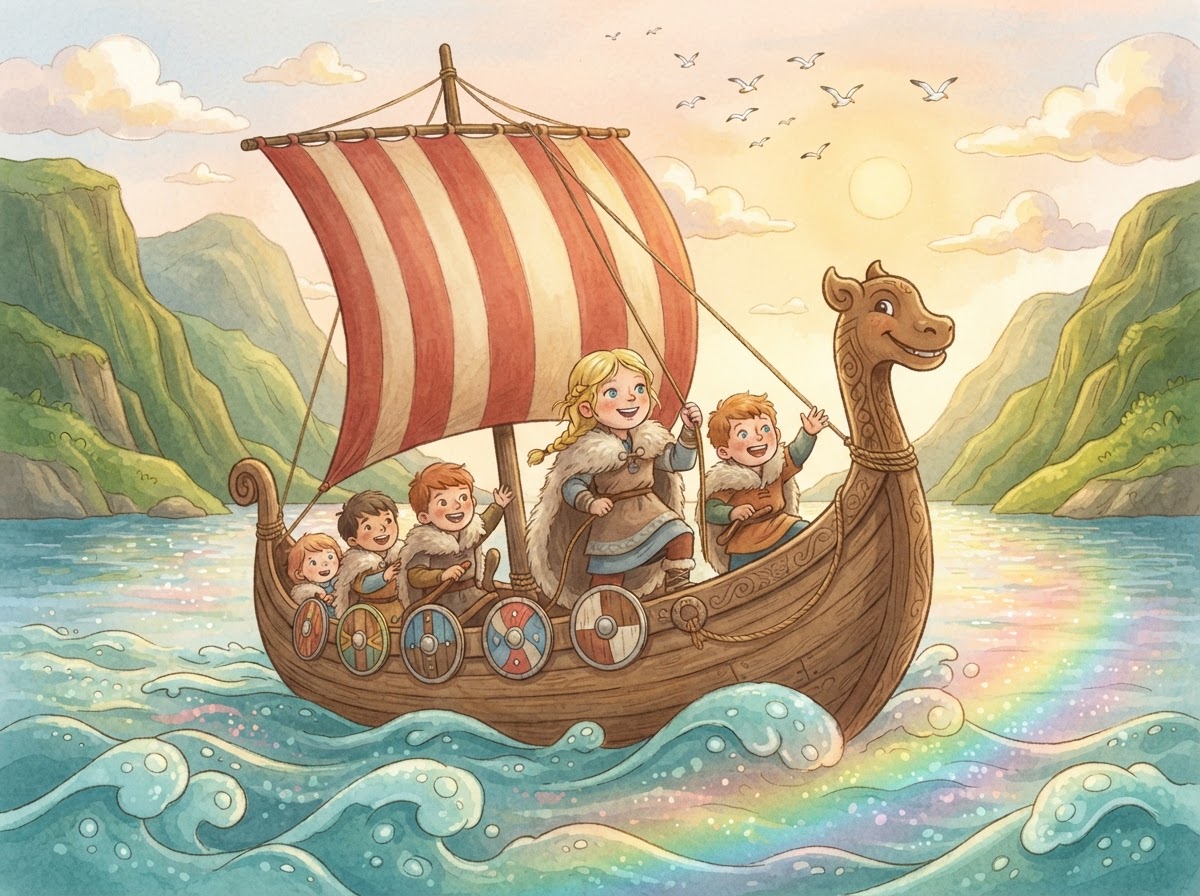 Children aboard a Viking longship sailing toward green fjord cliffs