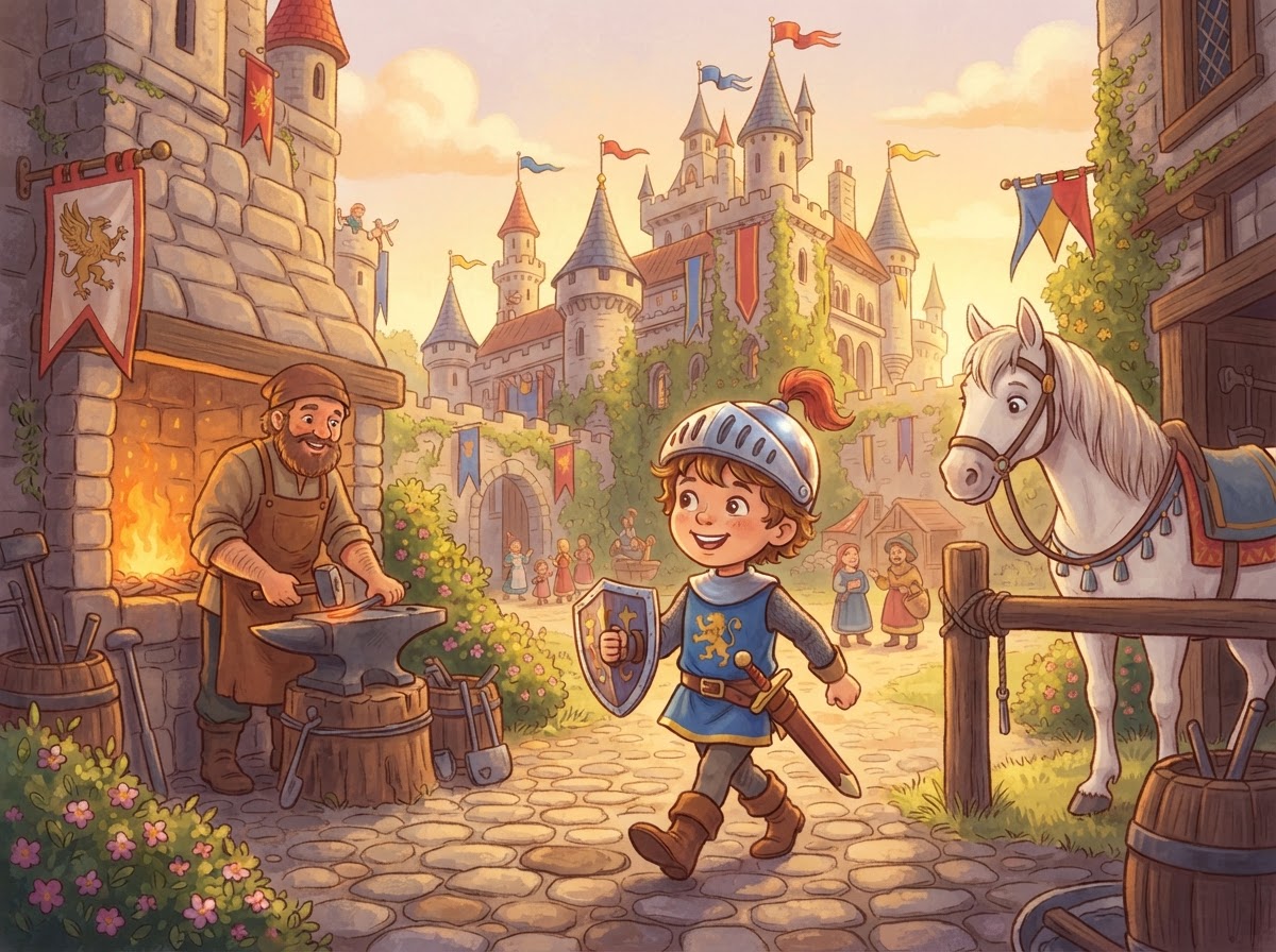 A child dressed as a young knight in a castle courtyard with a blacksmith
