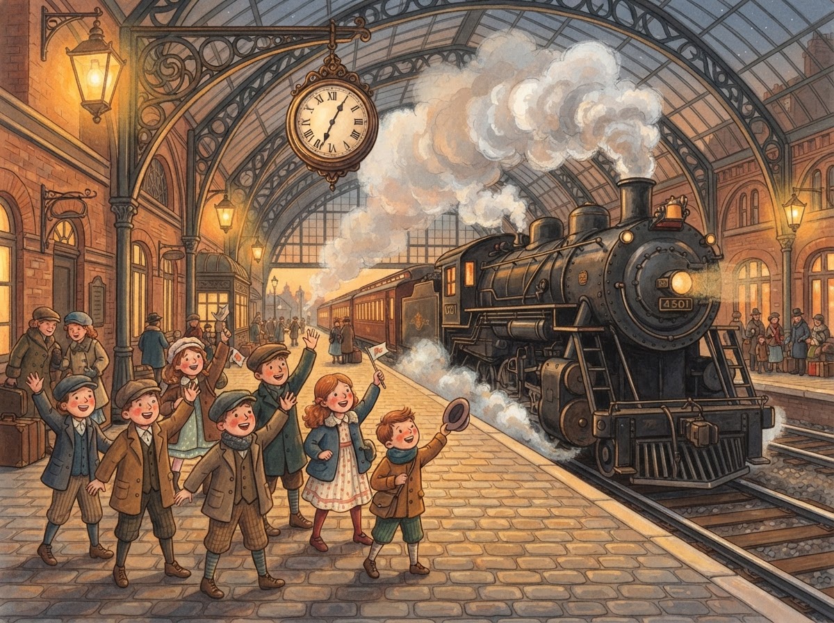 Children in 1920s clothing waving at a steam locomotive at a grand railway station