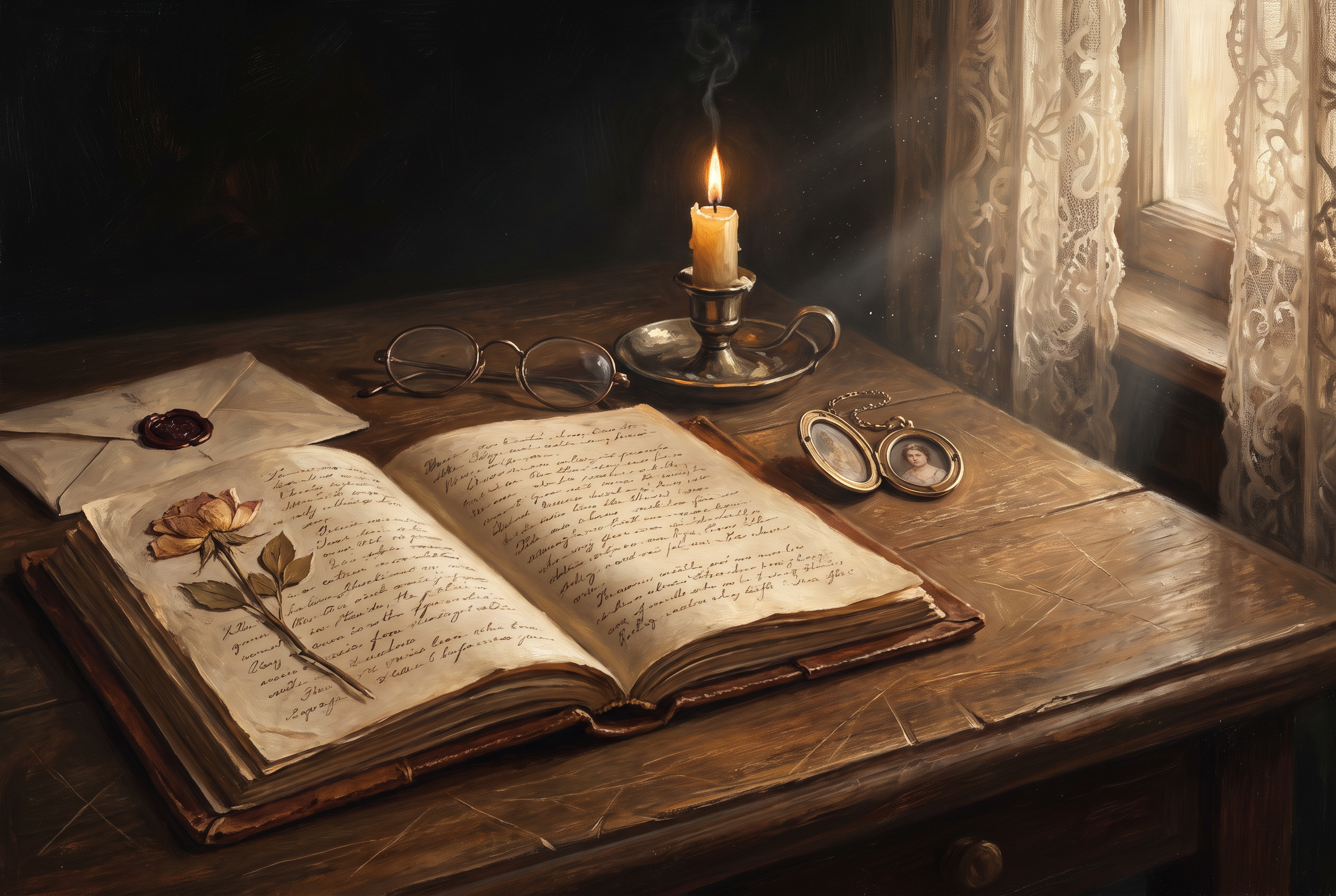 An open leather-bound handwritten diary with a wax-sealed letter, spectacles and a dying candle