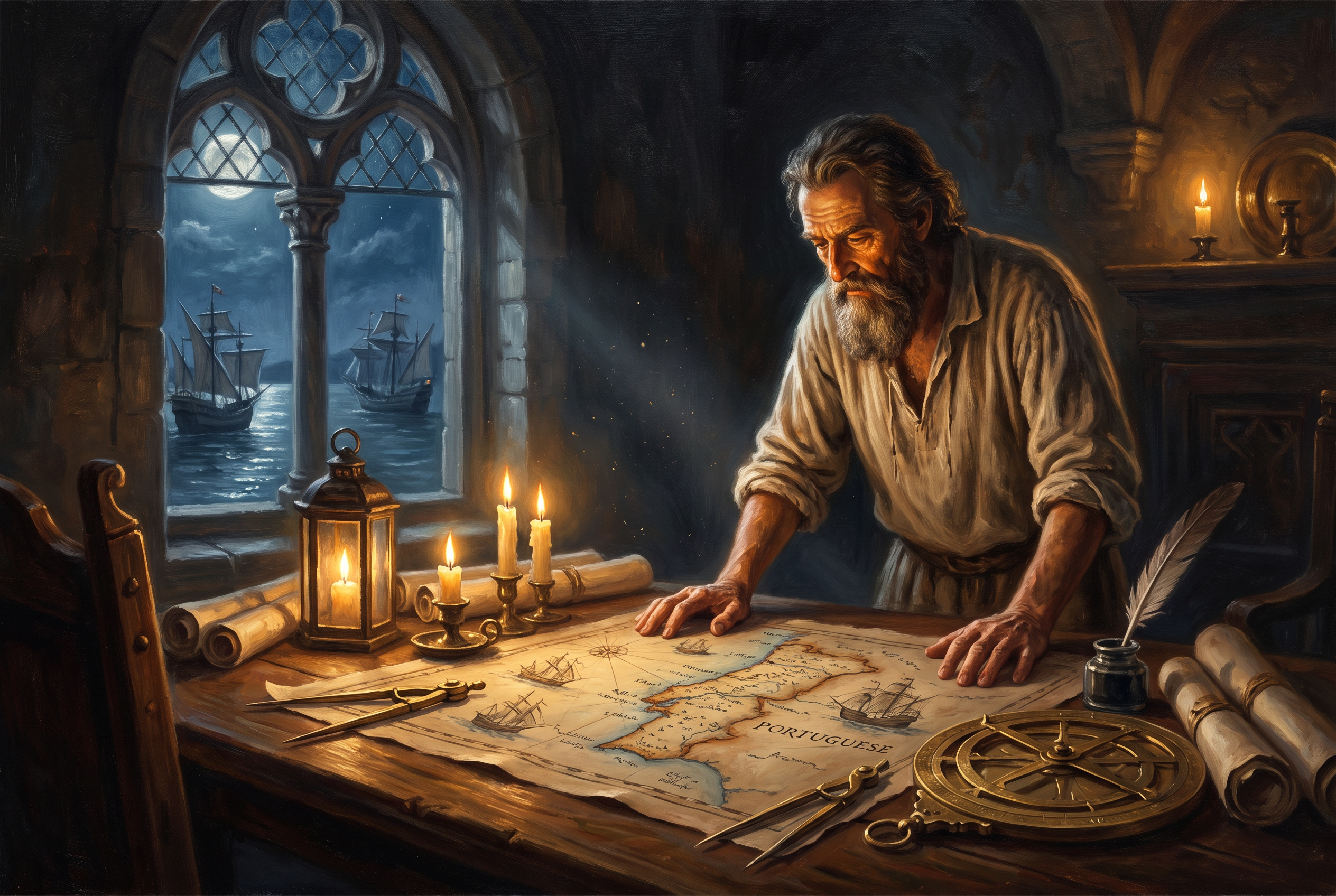 A Renaissance cartographer's candlelit workshop with charts, quill and a moonlit harbour beyond the window