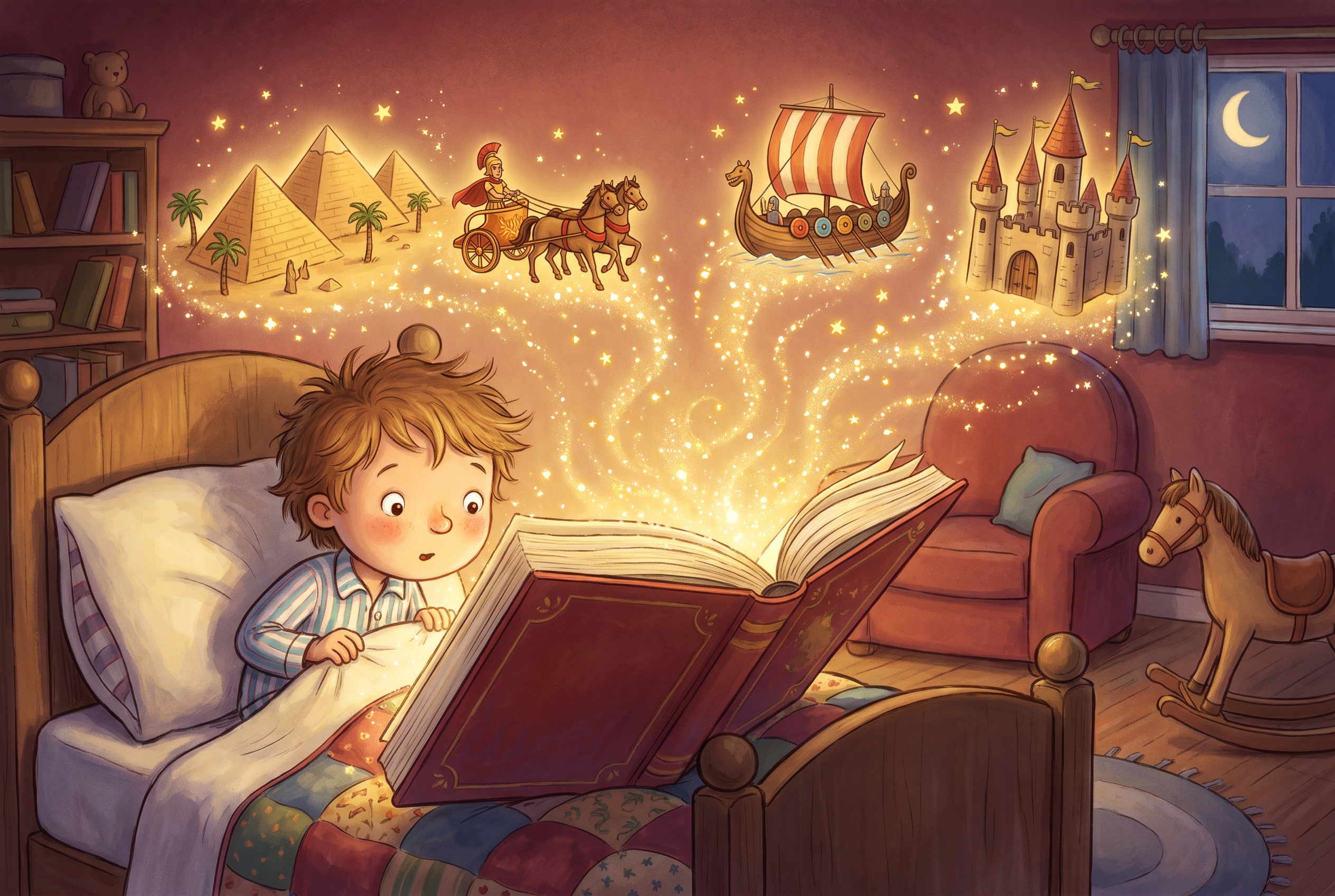 A glowing storybook opening on a child's bed with pyramids, a longship and a castle floating out of its pages