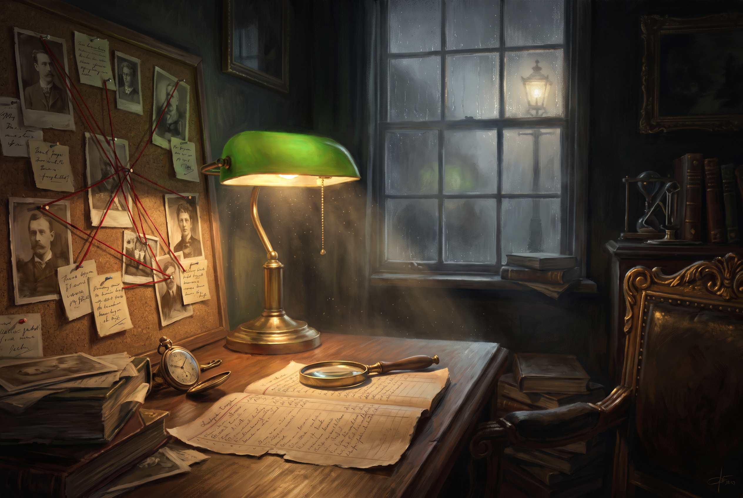 A Victorian detective's case room with magnifying glass, pinned photographs and red thread