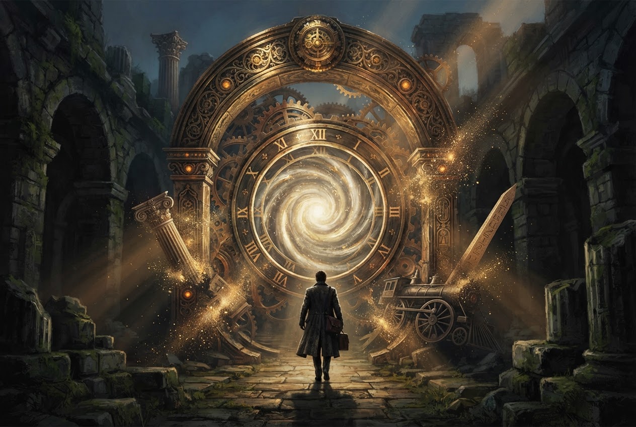 A colossal brass clockwork time portal glowing in ancient stone ruins