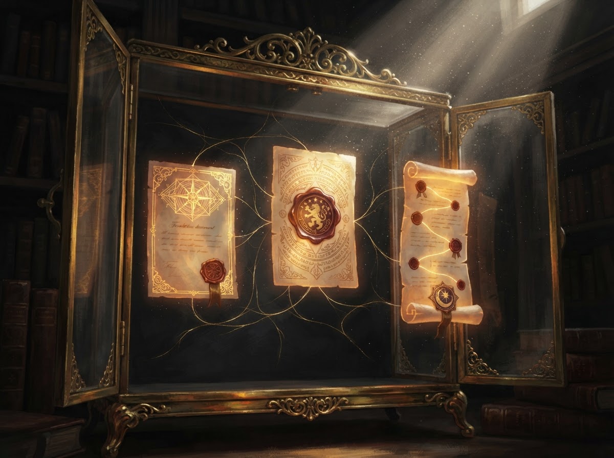 An open brass and glass display case revealing luminous labelled project cards linked by gold threads