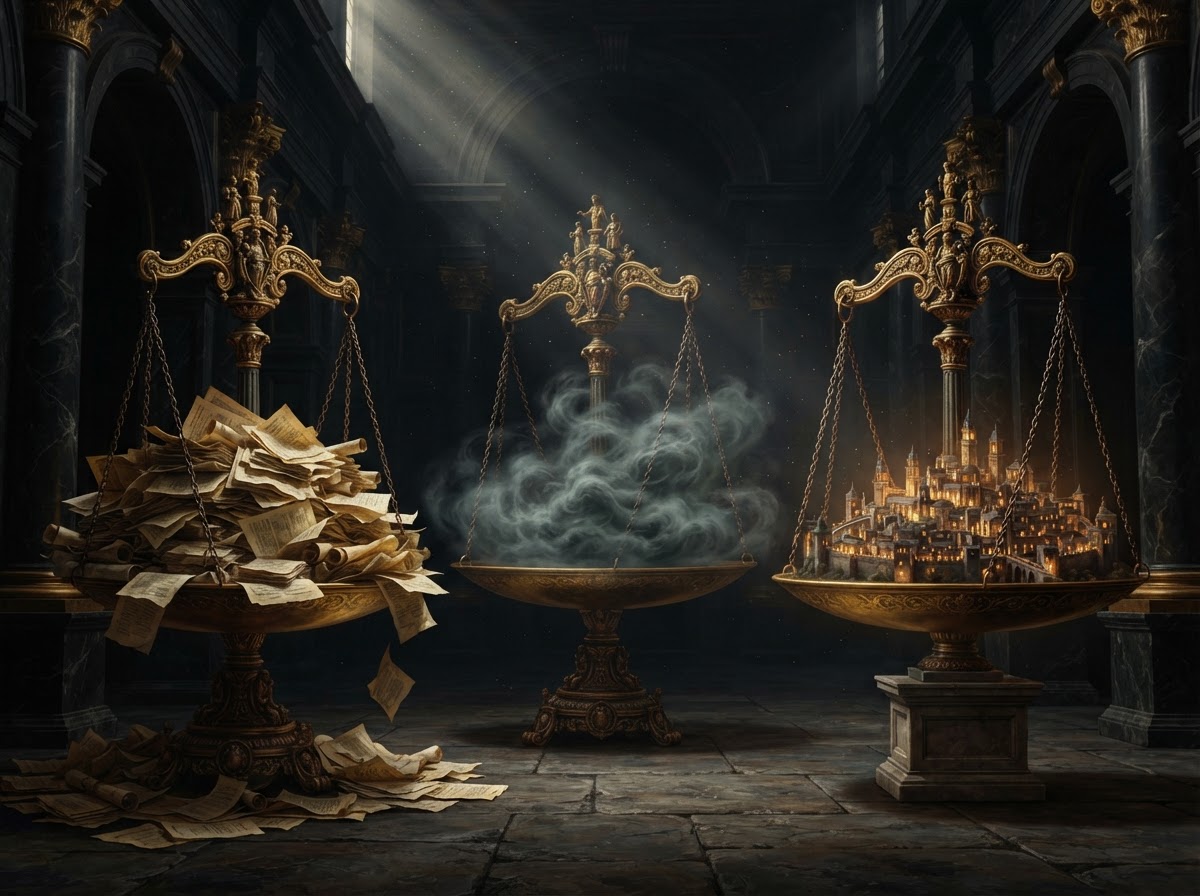 Three golden scales weighing loose research, grey mist, and a solid glowing historical city