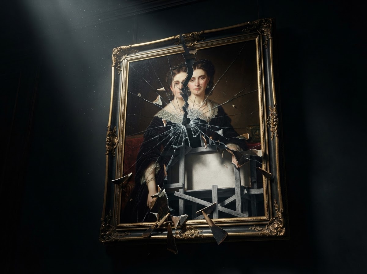 A historical illusion cracking apart to reveal hollow scaffolding behind it