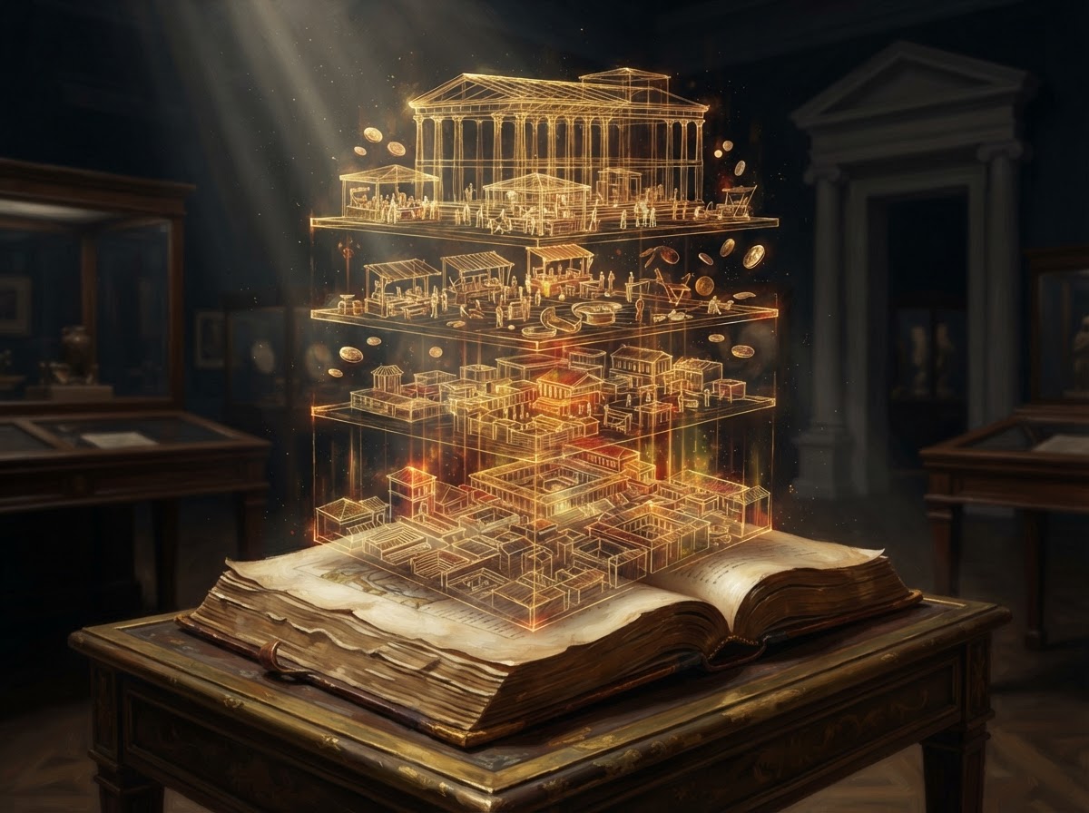 A glowing three-dimensional historical world blueprint rising out of an open ancient book