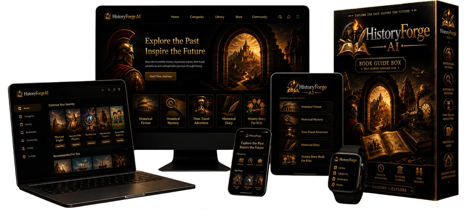 HistoryForge AI shown on desktop, laptop, tablet, phone, smart watch and as a printed Book Guide Box