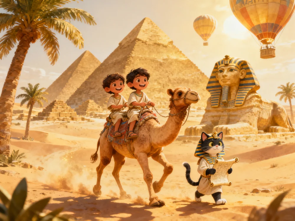 Kids riding a camel past the Great Pyramids