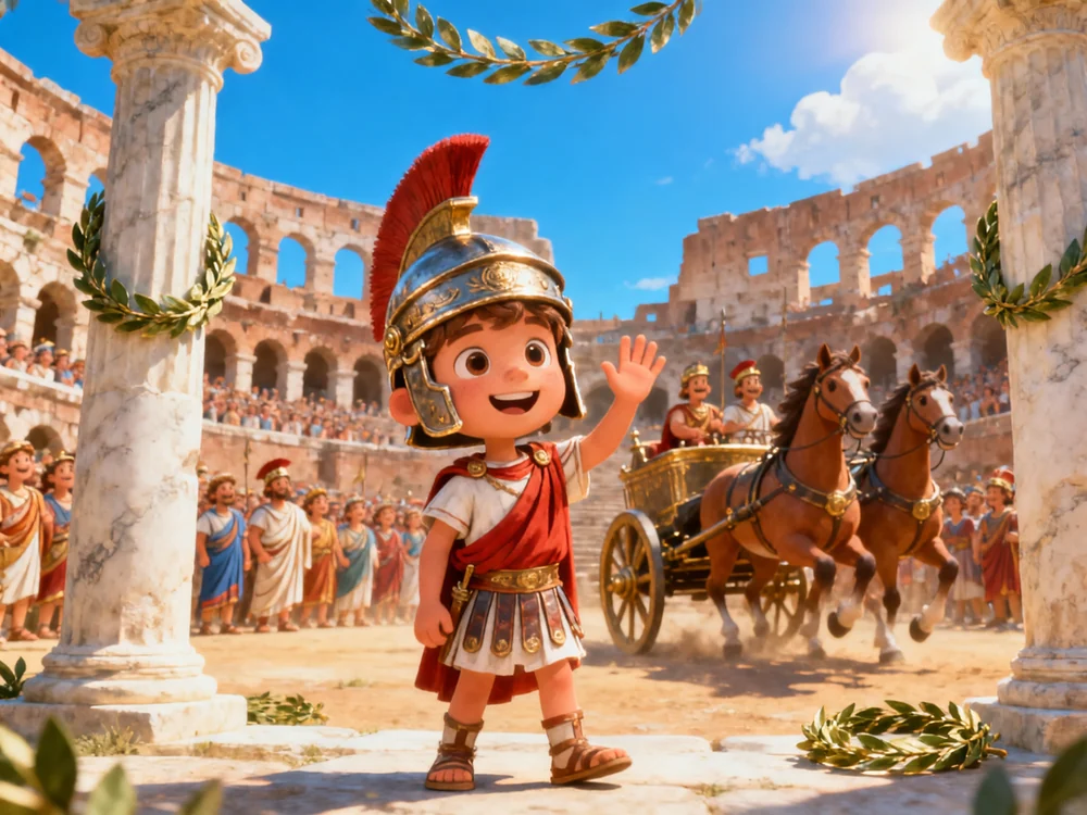 Cheerful child in a centurion helmet inside the Colosseum
