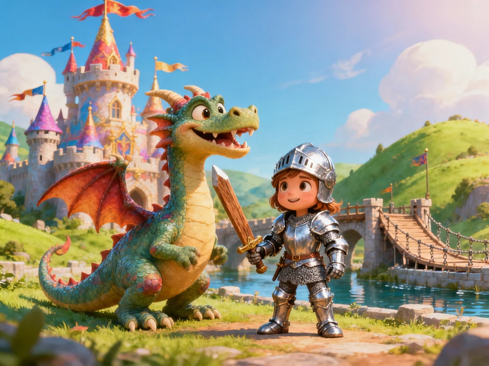 Young knight in silver armour beside a friendly dragon at a castle