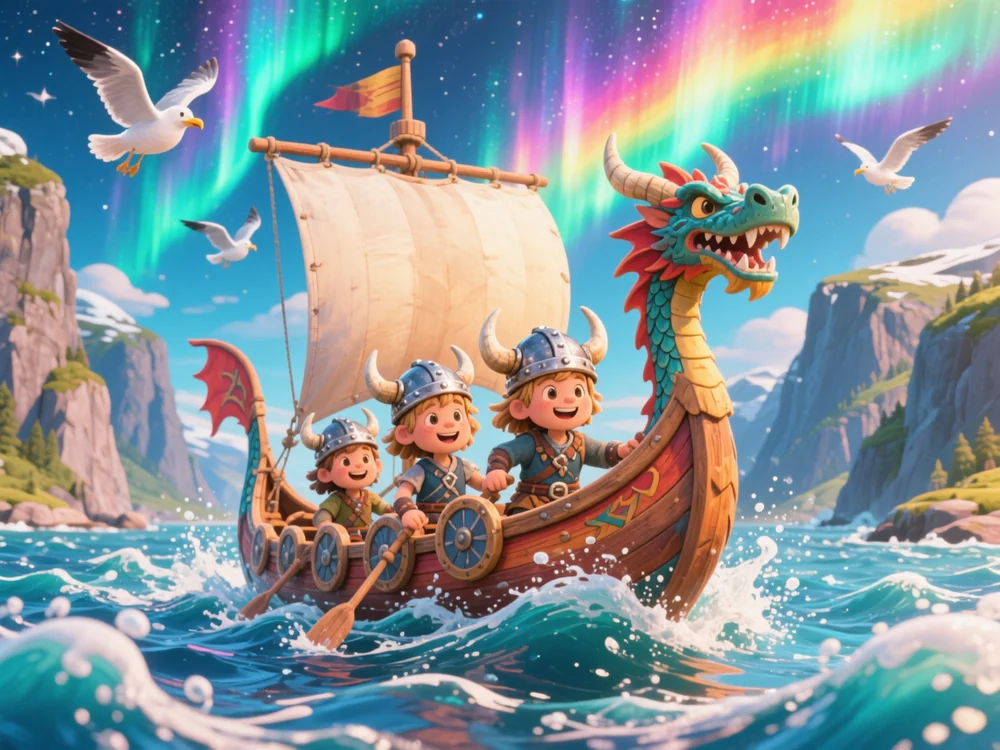 Viking children sailing a dragon-headed longship