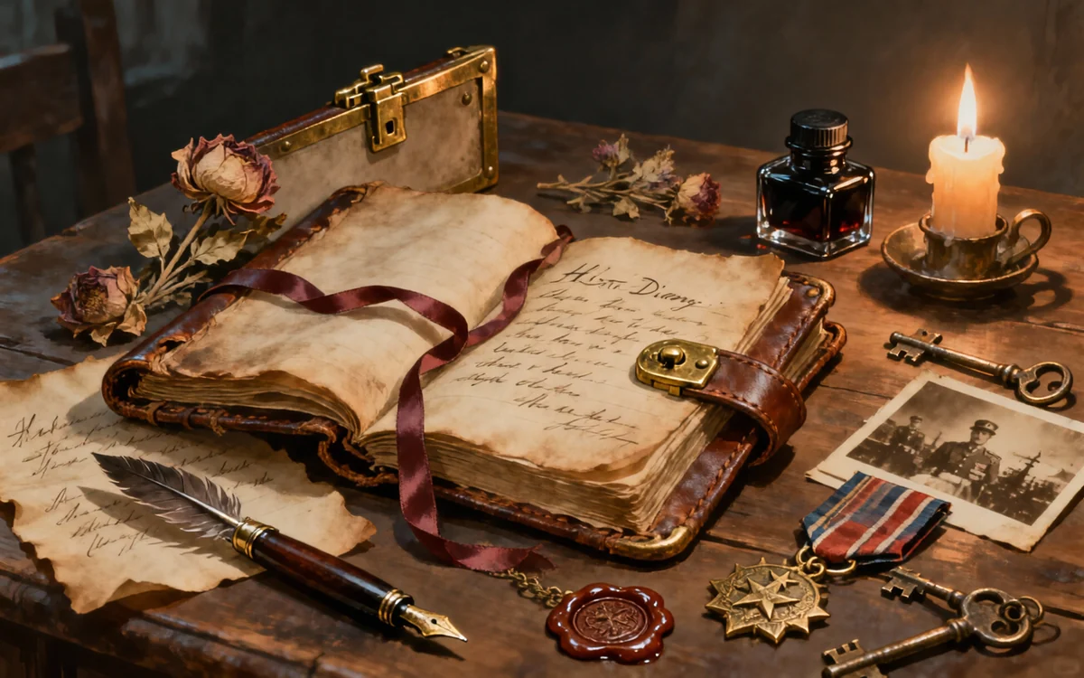 Historical diary — worn handwritten leather journal with fountain pen, wax seal, medals and sepia photographs