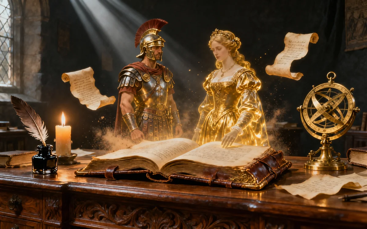 Historical fiction — ghostly Roman centurion and Renaissance noblewoman rising from an antique open book