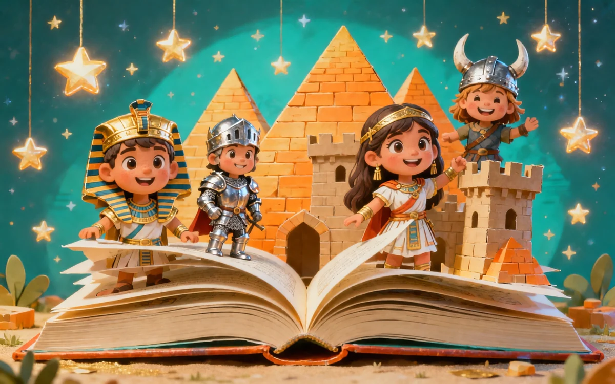History story book for kids — pop-up book with cartoon pharaoh, knight, Roman girl and Viking child