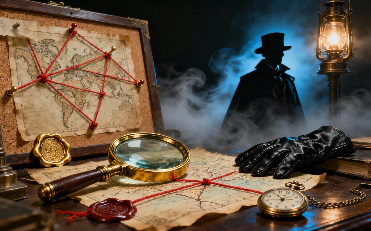 Historical mystery — Victorian detective desk with magnifying glass, pinned clue map and a caped figure in fog