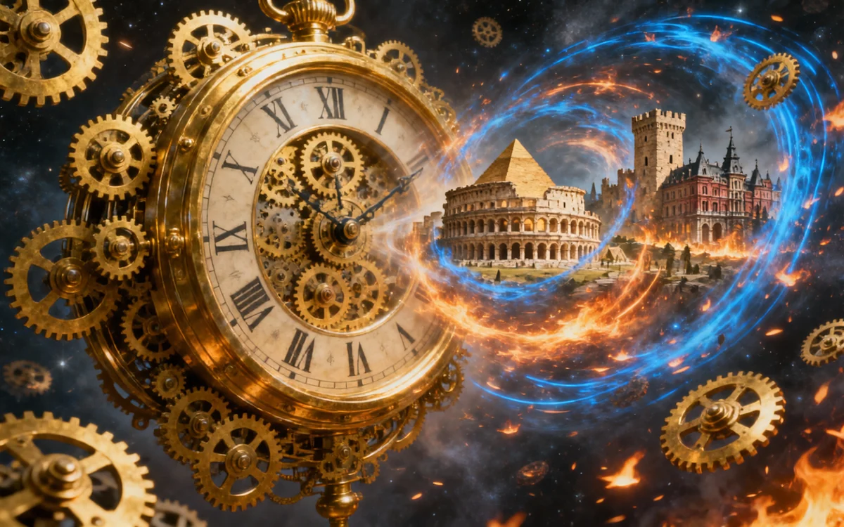 Time-travel adventure — golden clockwork portal opening into a vortex of historical eras
