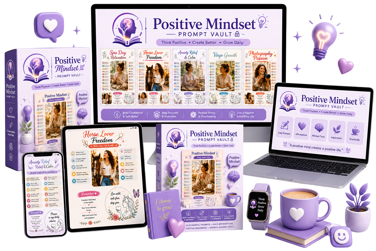 Positive Mindset Prompt Vault product line-up shown across laptop, tablet, phone and box packaging
